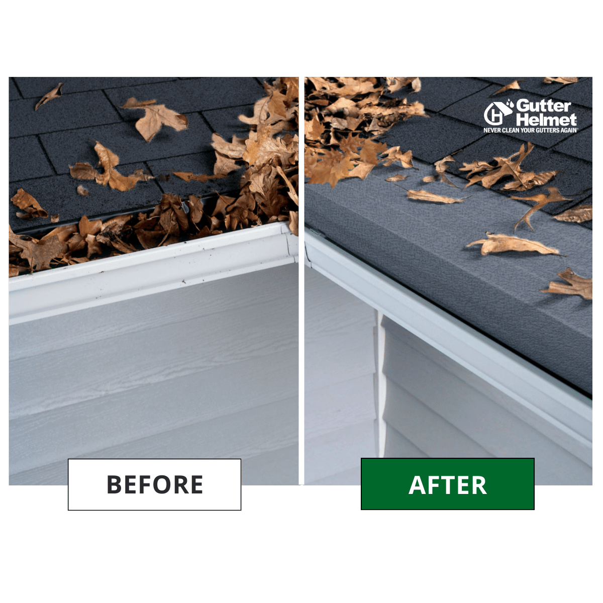 Gutter Helmet before and after comparison with fallen autumn leaves