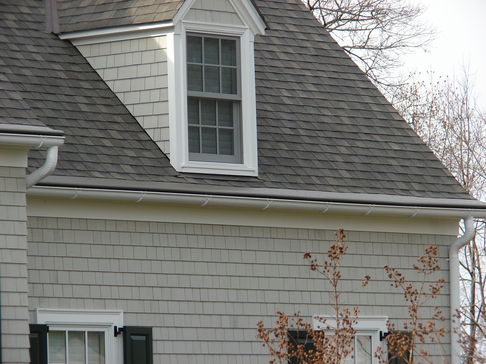 Gray shingled house with dormer window and bare trees in winter